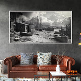 Old Fishing Harbor, Weathered Boats, Coastal Village Scene, Canvas Print, Nautical Kitchen Wall Art, Maritime Black and White Decor