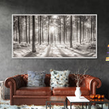 Winter Pine Forest, Sunlight Snow Trees, Nature Landscape Photography, Framed Canvas Print, Cabin Decor, Minimalist Wall Art