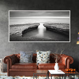 Ocean Rock Split, Calm Seascape Horizon, Monochrome Photography, Canvas Print, Bathroom Wall Art, Zen Coastal Aesthetic, Office Wall Art