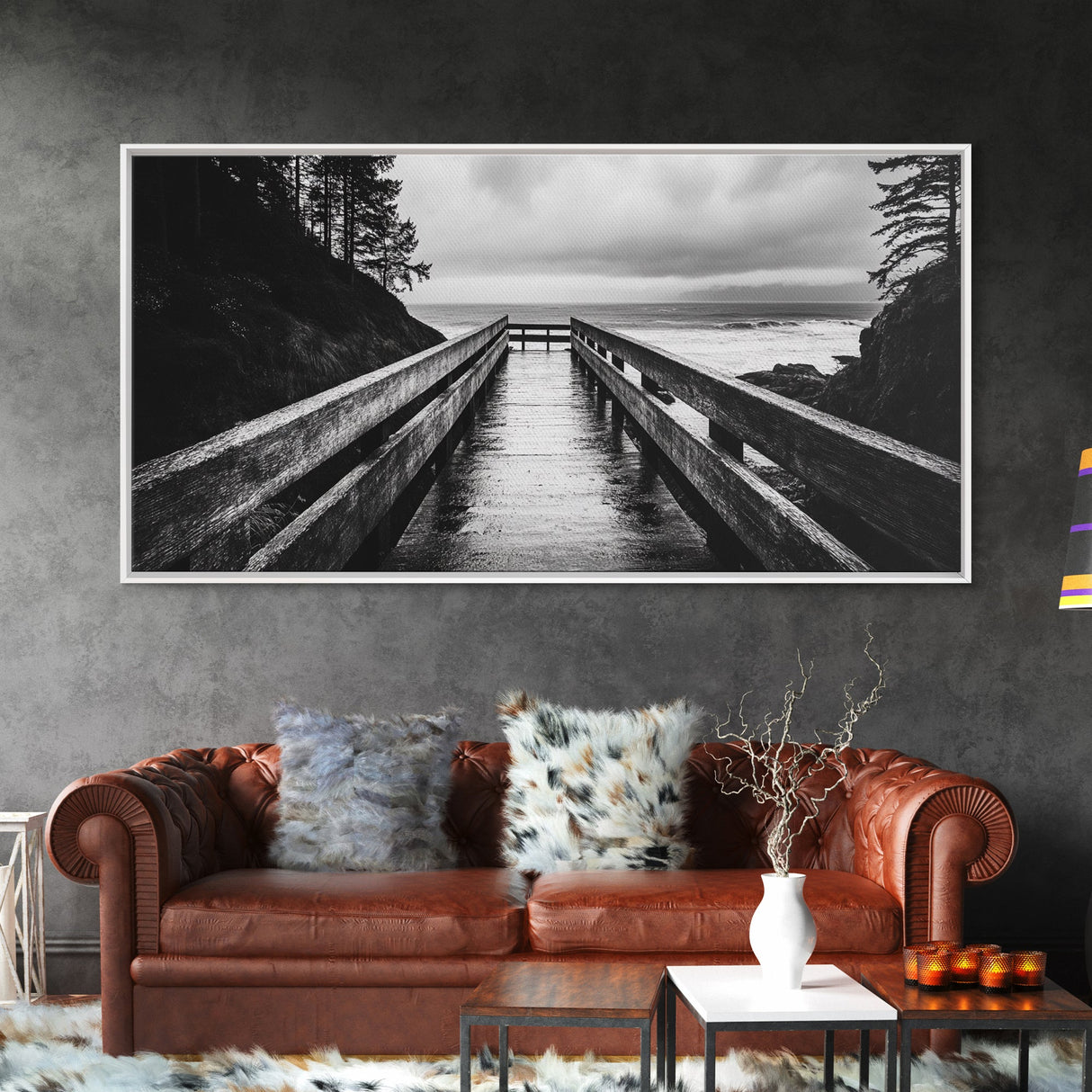 Rainy Dock View, Ocean Storm Mood, Moody Coastal Photo, Canvas Print, Living Room Wall Art, Black and White Nautical Decor, Rustic Coastal
