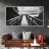 Rainy Dock View, Ocean Storm Mood, Moody Coastal Photo, Canvas Print, Living Room Wall Art, Black and White Nautical Decor, Rustic Coastal