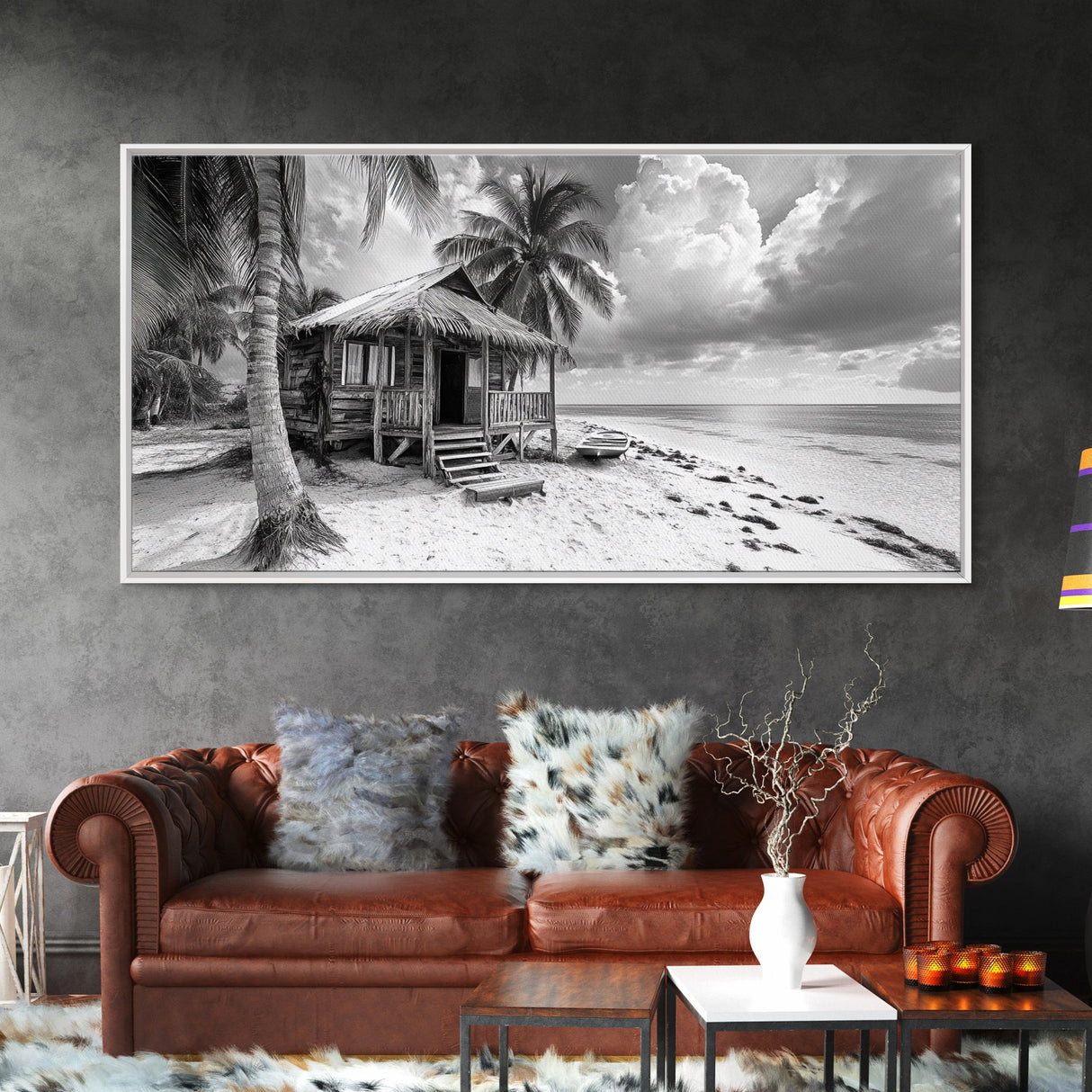 Tropical Hut, Palm Tree Scene, Island Escape Photo, Framed Canvas Print, Beach House Wall Art, Rustic Boho Coastal Decor, Nature Scene