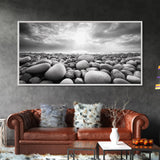 Pebble Beach Sunrise, Serene Rock Shore, Ocean Horizon Light, Framed Canvas Print, Bathroom Wall Art, Minimalist Coastal Decor