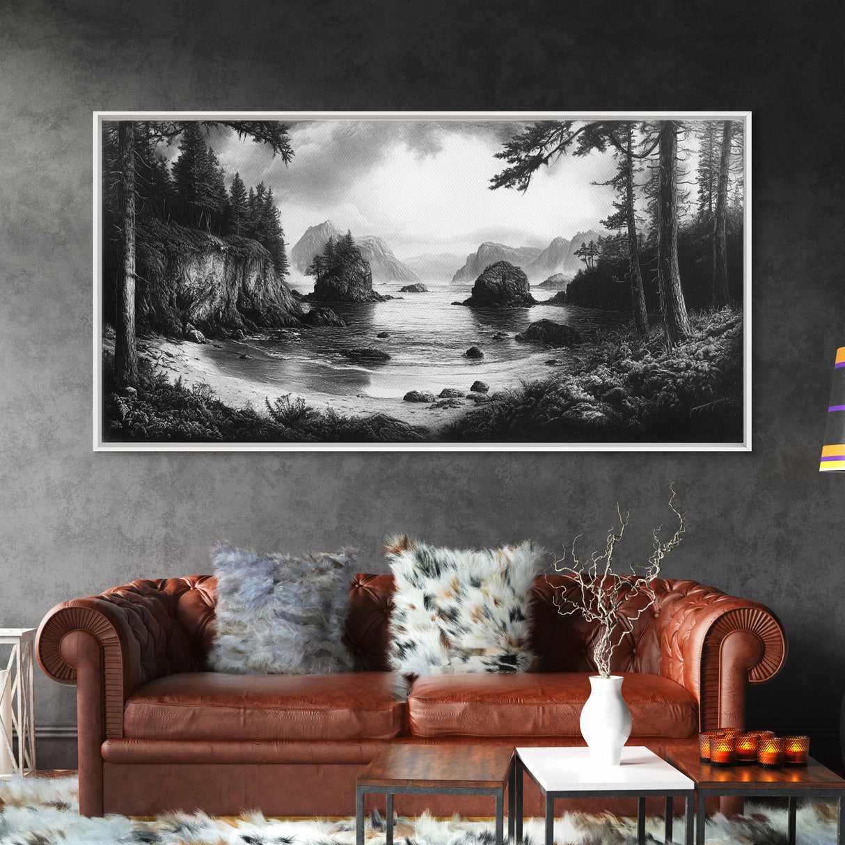 Coastal Forest View, Mountain Sea Horizon, Romantic Nature Scene, Framed Canvas Print, Living Room Wall Art, Vintage Landscape