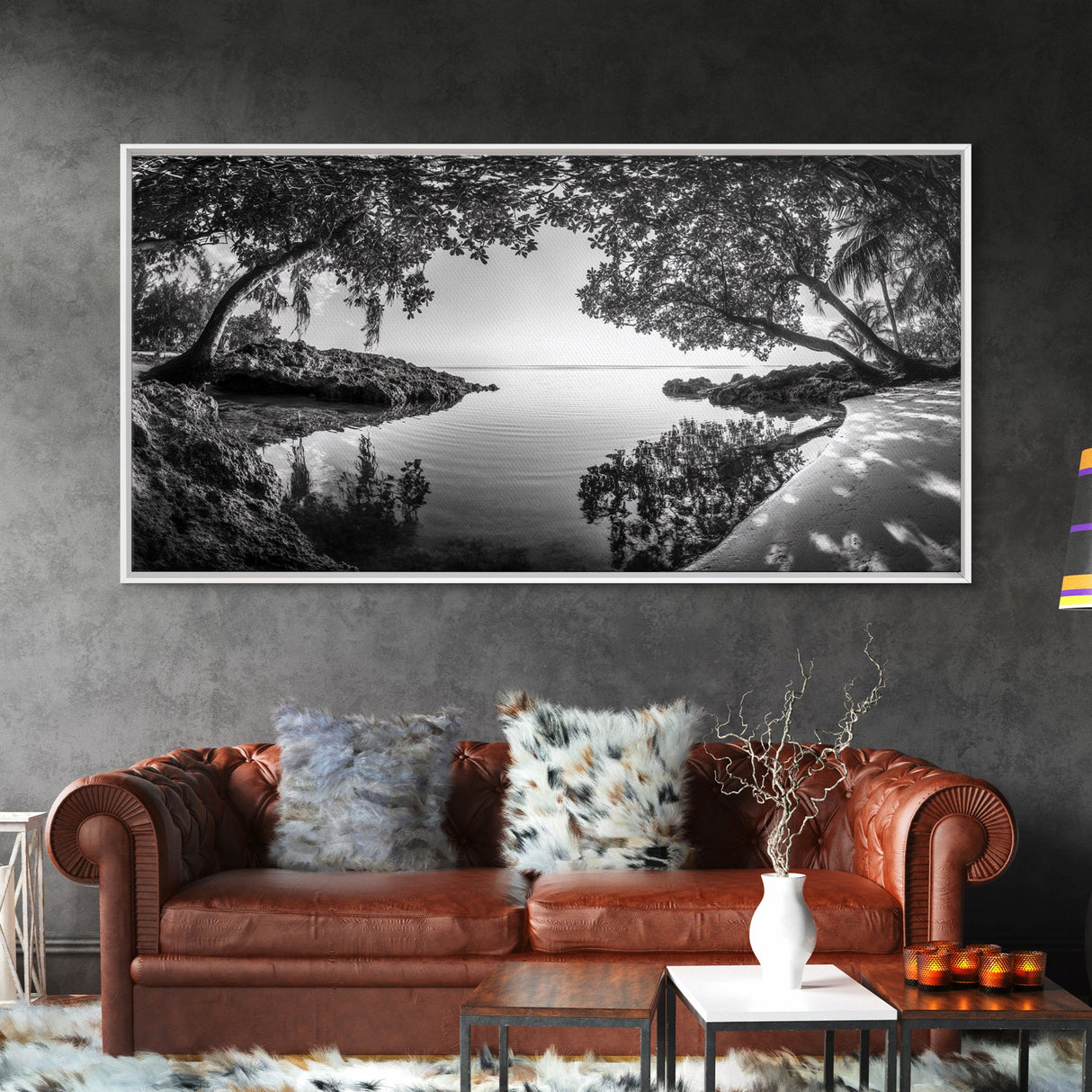 Tropical Shore Trees, Ocean Lagoon Stillness, Peaceful Island Cove, Canvas Print, Bathroom Wall Art, Minimalist Coastal Vibe, Cabin Decor