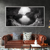 Ocean Cave Sunset, Seascape Art, Black and White Photography, Coastal Decor, Minimalist Style, Canvas Print, Bathroom Wall Art