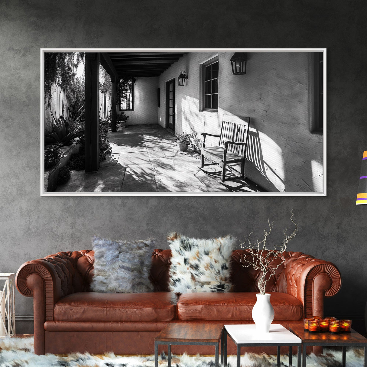 Porch Shadows Light, Rustic Patio, Black and White Decor, Farmhouse Entryway, Framed Canvas Print, Country Kitchen Wall Art, Bedroom Wall Art