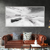 Snowy Coastal Boat, Rustic Winter Landscape, Farmhouse Wall Art, Neutral Tones, Canvas Print, Entryway or Fall Seasonal Decor