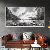 Forest Lake Serenity, Monochrome Nature, Tranquil Landscape, Canvas Print, Lodge Wall Art, Minimalist Cabin Decor, Black White