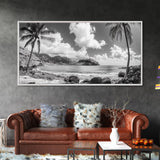 Tropical Beach View, Palm Tree Paradise, Black and White Island, Coastal Wall Decor, Canvas Print, Boho Living Room Art, Office Wall Art
