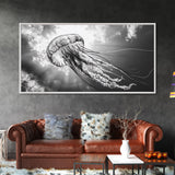Jellyfish In Light, Ocean Life Art, Monochrome Sea Creature, Canvas Print, Coastal Bathroom Wall Art, Marine Modern Decor, Office Wall Art