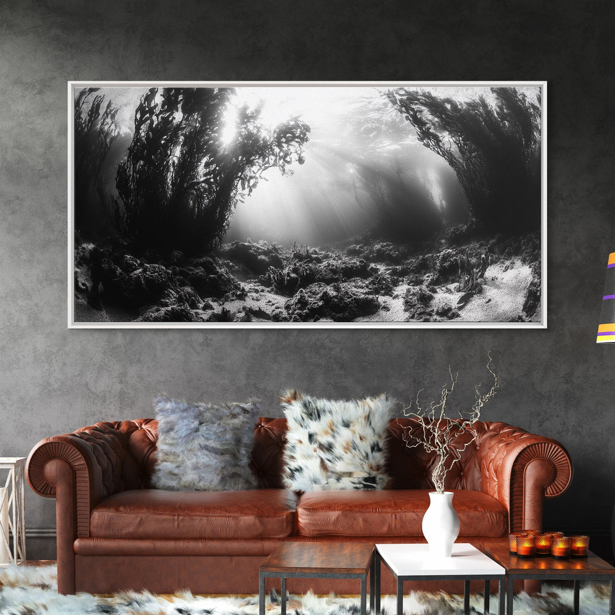 Kelp Forest Rays, Underwater Light, Black and White Ocean Scene, Framed Canvas Print, Nature Wall Art, Coastal Bathroom Decor