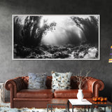 Kelp Forest Rays, Underwater Light, Black and White Ocean Scene, Framed Canvas Print, Nature Wall Art, Coastal Bathroom Decor