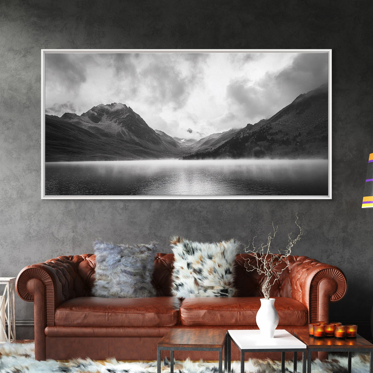Mountain Lake, Misty Valley, Nature Serenity, Moody Landscape, Framed Canvas Print, Living Room Wall Art, Rustic Cabin Aesthetic