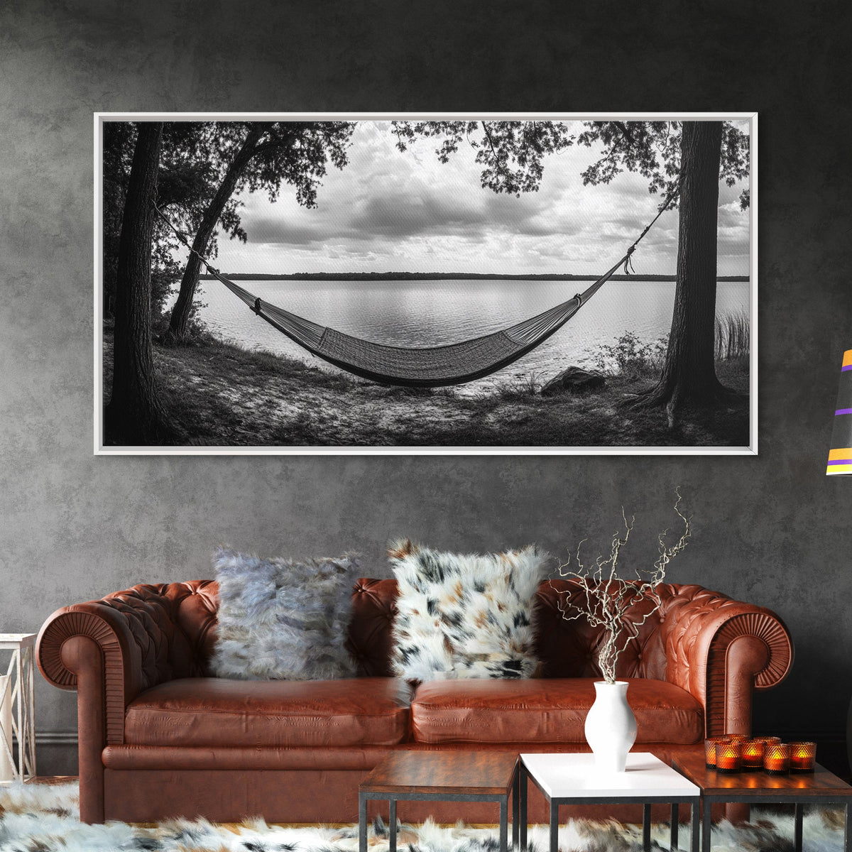 Hammock Lake, Restful Retreat, Trees Framing, Relax Mood, Framed Canvas Print, Bedroom Wall Art, Slow Living Style, Boho Natural Art