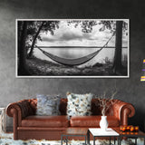Hammock Lake, Restful Retreat, Trees Framing, Relax Mood, Framed Canvas Print, Bedroom Wall Art, Slow Living Style, Boho Natural Art
