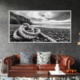 Coastal Rope, Pebble Shore, Nautical Texture, Rugged Seascape, Canvas Print, Bathroom Wall Art, Beach House Style, Moody Ocean Decor