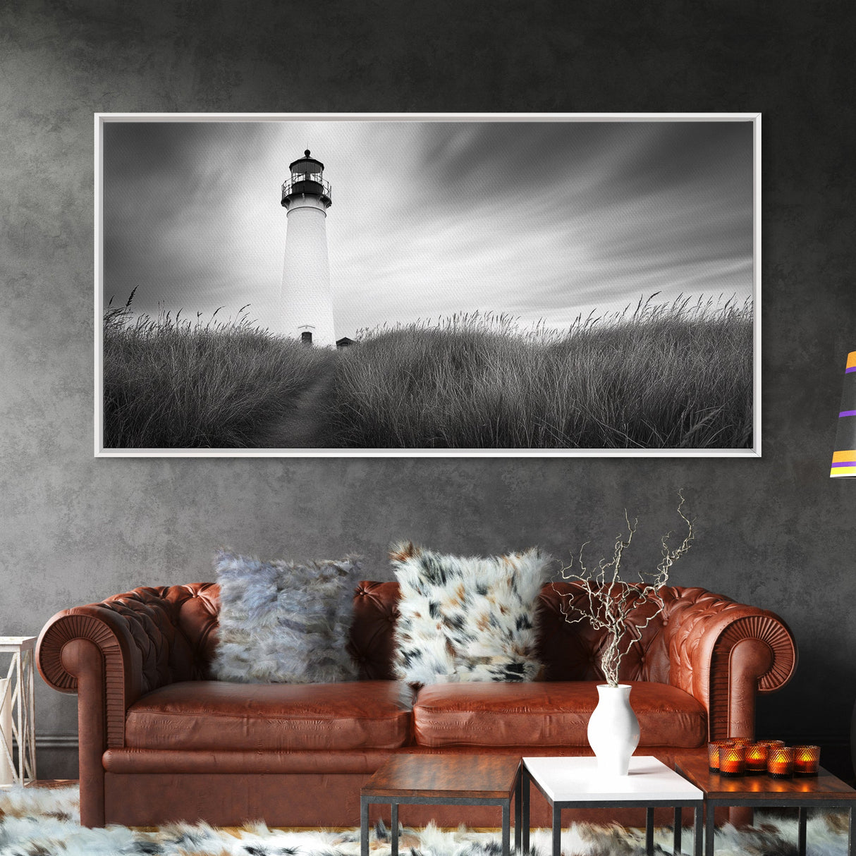 Lighthouse Grass, Seaside Tower, Stormy Sky, Black White, Framed Canvas Print, Beach Bathroom Art, Minimalist Decor, Nautical Print
