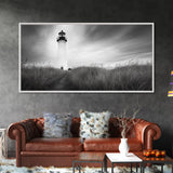 Lighthouse Grass, Seaside Tower, Stormy Sky, Black White, Framed Canvas Print, Beach Bathroom Art, Minimalist Decor, Nautical Print