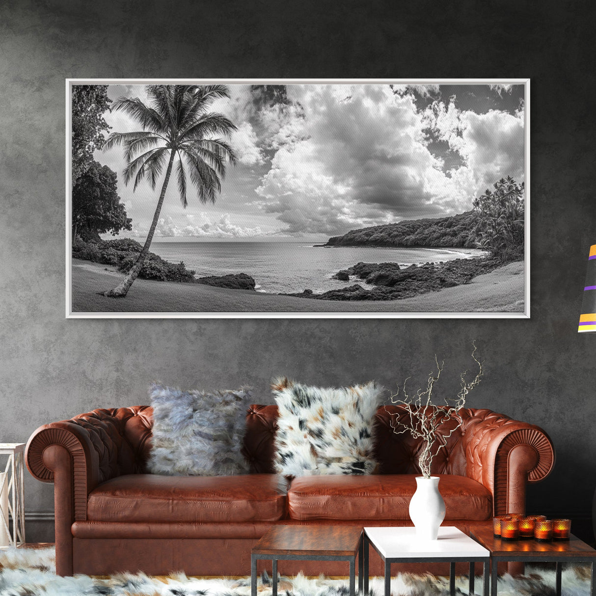 Tropical Coast, Palm Beach, Island View, Cloudy Sky, Framed Canvas Print, Coastal Living Room Art, Beach Wall Decor, Summer Style