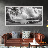 Tropical Coast, Palm Beach, Island View, Cloudy Sky, Framed Canvas Print, Coastal Living Room Art, Beach Wall Decor, Summer Style