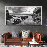 Beach Boardwalk, Coastal Restaurant, Moody Seaside View, Framed Canvas Print, Kitchen or Bar Wall Art, Rustic Autumn Decor