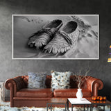 Moccasins in Sand, Rustic Footwear Art, Cultural Detail Photo, Framed Canvas Print, Boho Entryway Wall Decor, Western Minimalist