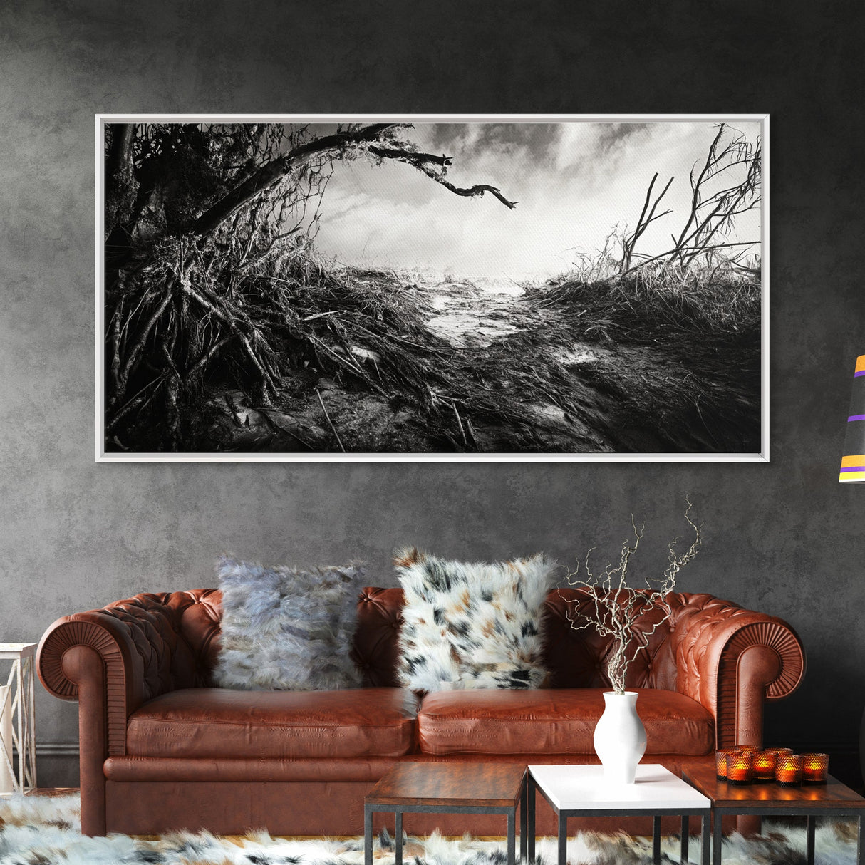 Stormy Shore, Erosion Roots, Driftwood Beach, Nature Drama, Framed Canvas Print, Moody Wall Art, Fall Living Room Decor, Dark Rustic Style