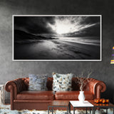 Stormy Coast, Dramatic Sky, Ocean Dusk, Monochrome Landscape, Framed Canvas Print, Bedroom Wall Art, Minimalist Coastal Decor