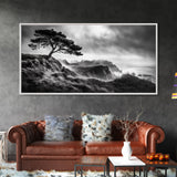 Lone Tree, Foggy Cliffs, Dramatic Landscape, Moody Sky, Framed Canvas Print, Nature Wall Art, Cabin Decor, Autumn Coastal Vibes