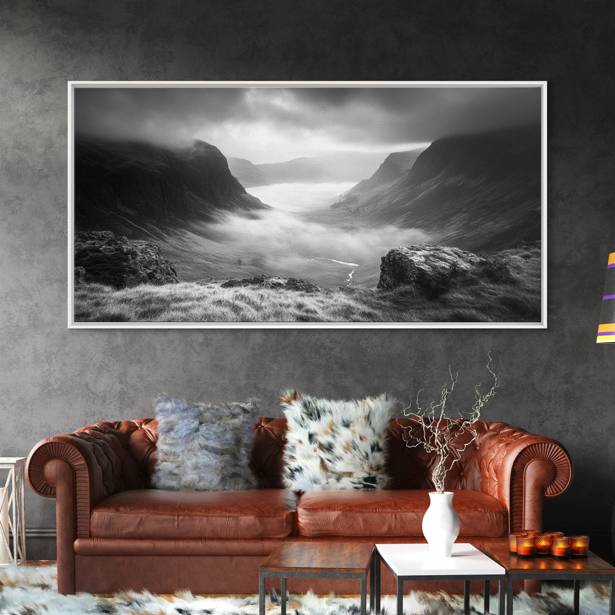 Foggy Valley, Highland Mist, Mountain View, Serene Landscape, Framed Canvas Print, Office Wall Art, Nature Escape, Zen Mountains