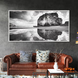 Beach Reflection, Seaside Rock, Cloudy Horizon, Coastal View, Framed Canvas Print, Minimalist Wall Art, Bathroom Ocean Decor
