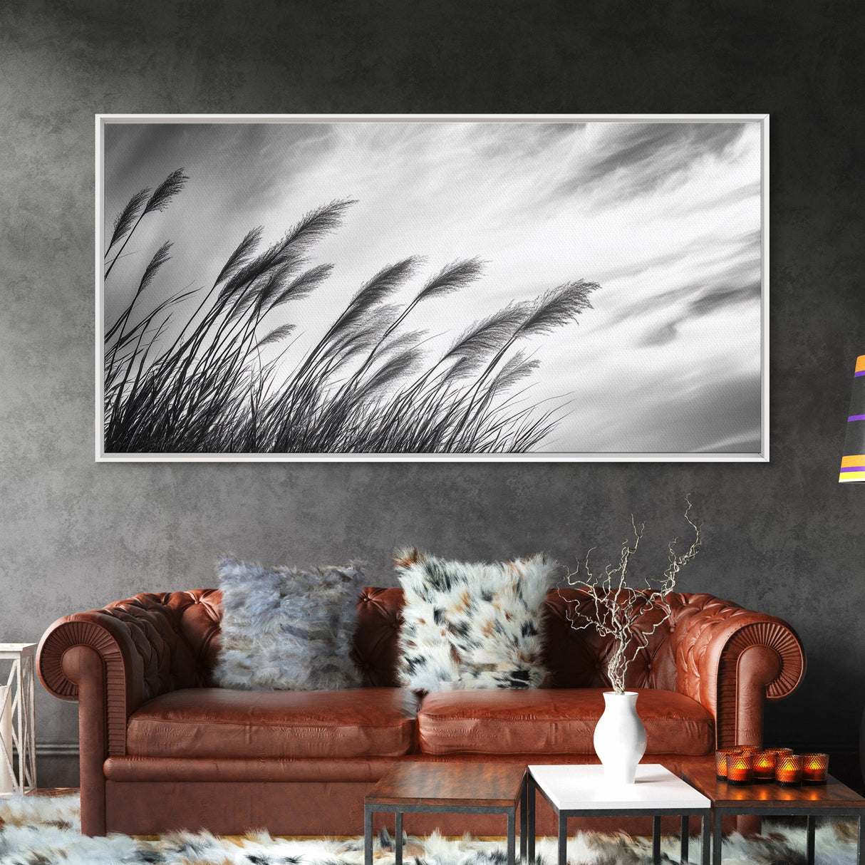 Pampas Grass, Wind Blown, Sky Motion, Autumn Field, Framed Canvas Print, Boho Wall Art, Bedroom Fall Botanical Decor, Living Room Decor