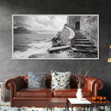 Stone Stairway, Ocean Cliff, Coastal Architecture, Mediterranean Charm, Framed Canvas Print, Rustic Wall Art, Entryway Travel Decor
