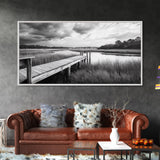 Marsh Dock Scene, Tranquil Water Landscape, Rustic Pier Canvas Print, Black and White Nature, Entryway Art, Coastal Country Home Decor