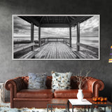 Gazebo By Water, Serene Lake View, Rustic Deck Canvas Print, Minimalist Landscape Wall Art, Neutral Bedroom, Tranquil Home Decor