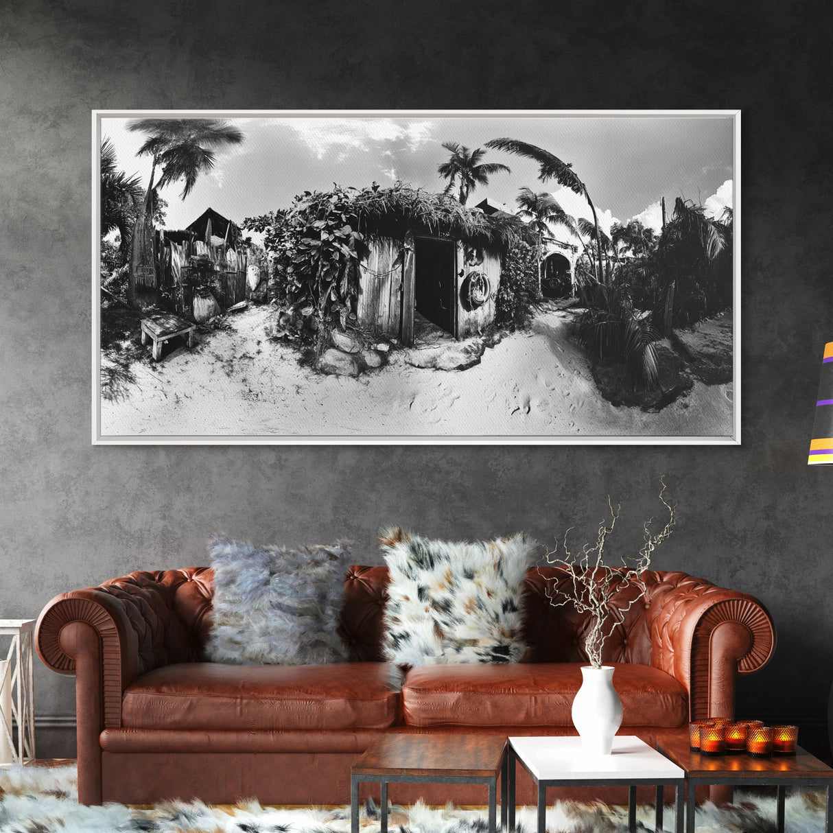 Tropical Beach Shack, Rustic Coastal Decor, Island Vibes, Palm Tree Jungle, Framed Canvas Print, Boho Living Room Wall Art
