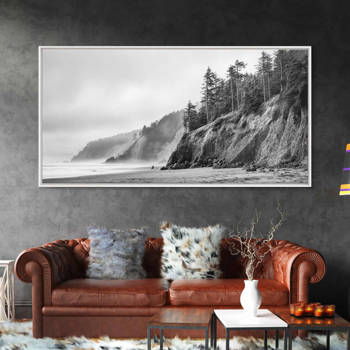 Pacific Coast Cliffs, Moody Nature Photography, Ocean View Landscape, Framed Canvas Print, Coastal Bedroom or Office Wall Art