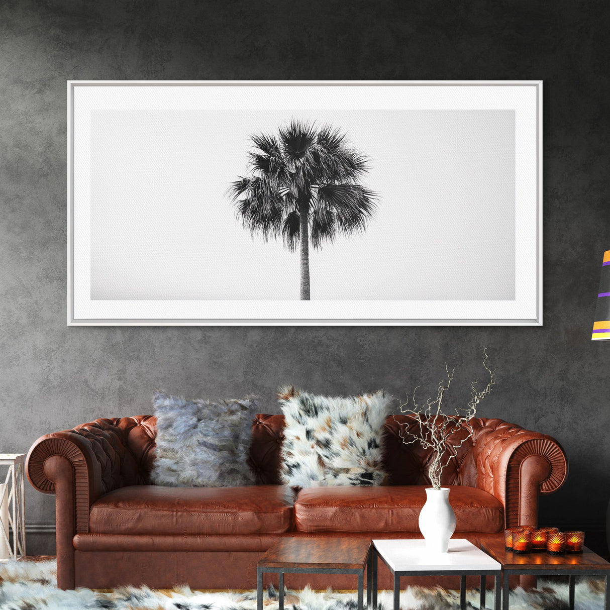 Minimal Palm Tree, Tropical Simplicity, Black and White Art, Framed Canvas Print, Modern Entryway or Minimalist Bathroom Wall Art