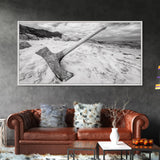 Axe in Sand, Abandoned Tool Scene, Rustic Coastal Mood, Framed Canvas Print, Cabin Wall Art or Moody Fall Living Room Decor, Bathroom Wall Art