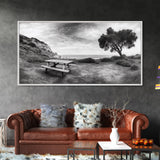 Picnic Table View, Coastal Meadow Scene, Tree and Cliff Horizon, Framed Canvas Print, Relaxing Kitchen or Outdoor Patio Wall Art