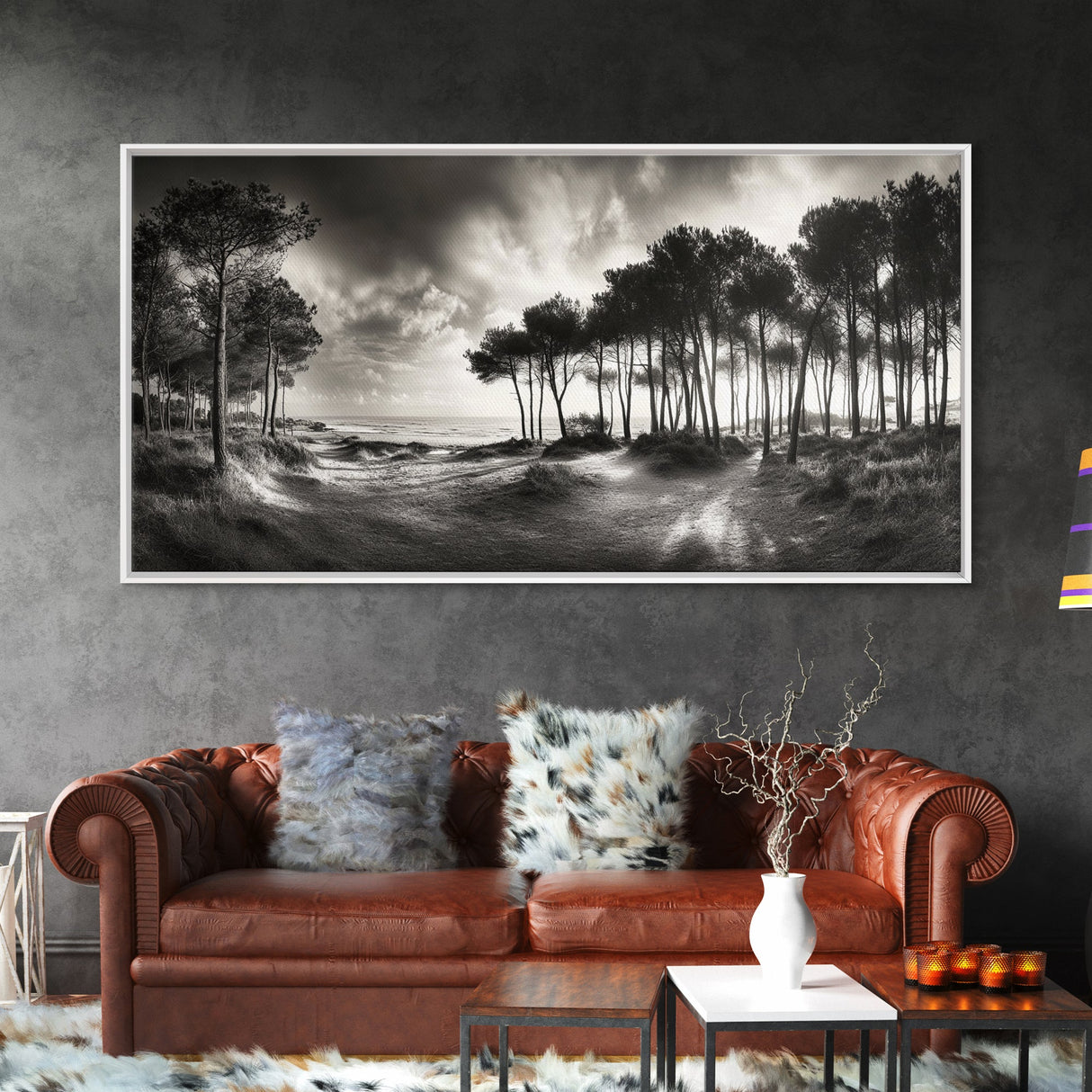 Tree Silhouettes, Coastal Pines Sunset, Nature Path Scene, Framed Canvas Print, Autumn Living Room or Rustic Cabin Wall Decor