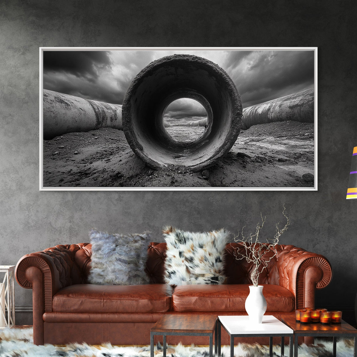 Storm Drain Pipe, Industrial Perspective, Moody Cloudscape, Framed Canvas Print, Urban Loft Decor or Dramatic Modern Wall Art