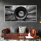 Storm Drain Pipe, Industrial Perspective, Moody Cloudscape, Framed Canvas Print, Urban Loft Decor or Dramatic Modern Wall Art