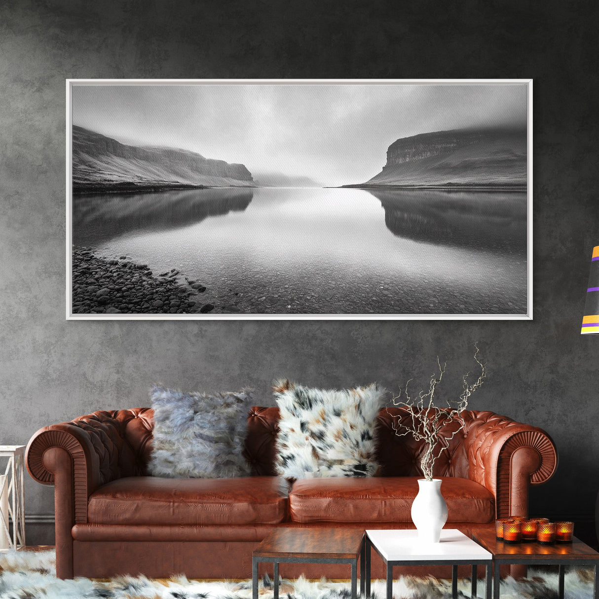 Misty Fjord Reflection, Calm Water Scene, Nordic Landscape, Peaceful Wall Decor, Canvas Print, Office Wall Art, Minimalist Mountains