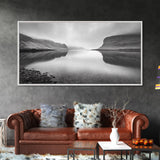 Misty Fjord Reflection, Calm Water Scene, Nordic Landscape, Peaceful Wall Decor, Canvas Print, Office Wall Art, Minimalist Mountains