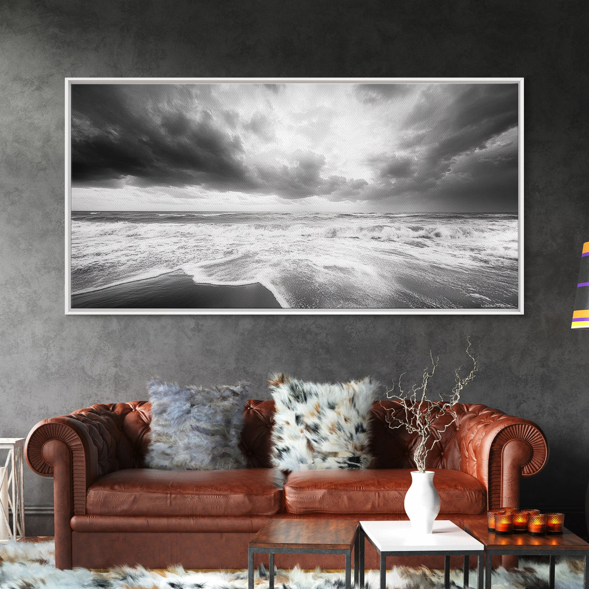 Stormy Sea, Ocean Waves, Monochrome Seascape, Dramatic Beach View, Framed Canvas Print, Nautical Wall Art, Bathroom Coastal Decor