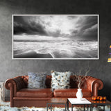 Stormy Sea, Ocean Waves, Monochrome Seascape, Dramatic Beach View, Framed Canvas Print, Nautical Wall Art, Bathroom Coastal Decor