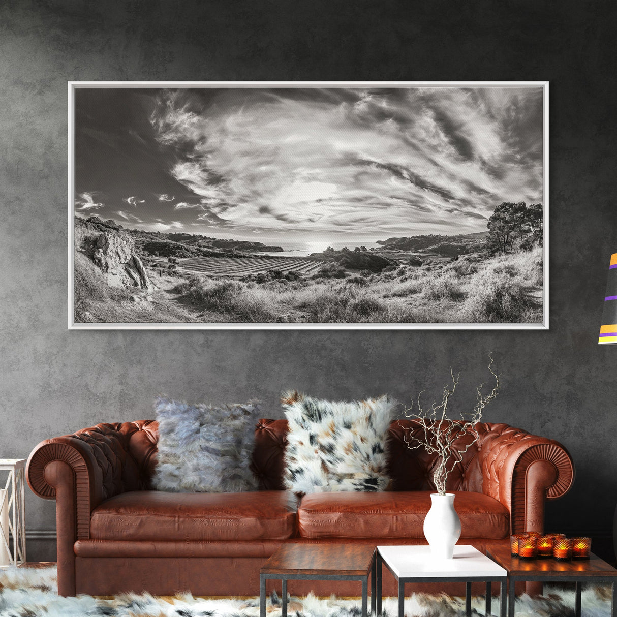 Coastal Hillside Sunset, Vineyard Ocean View, Rolling Landscape Art, Framed Canvas Print, Kitchen Wall Art, California Scenery