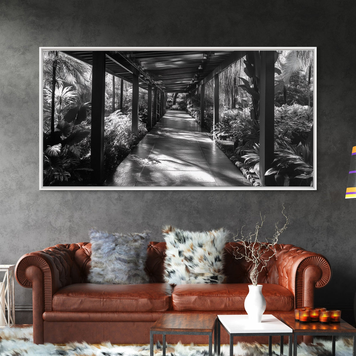 Serene Garden Pathway, Nature Tunnel Walk, Tropical Jungle Scene, Framed Canvas Print, Minimalist Art, Living Room Wall Decor